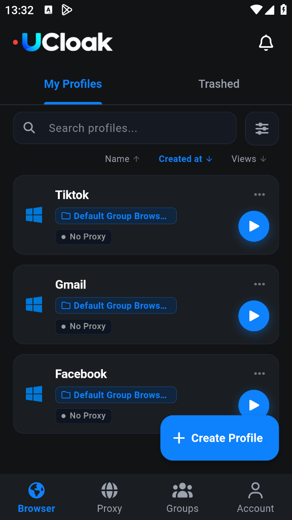 UCloak Profiles Screen