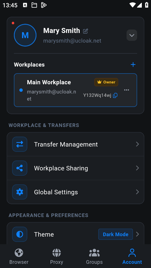 UCloak Workplace and Transfer Sharing Screen