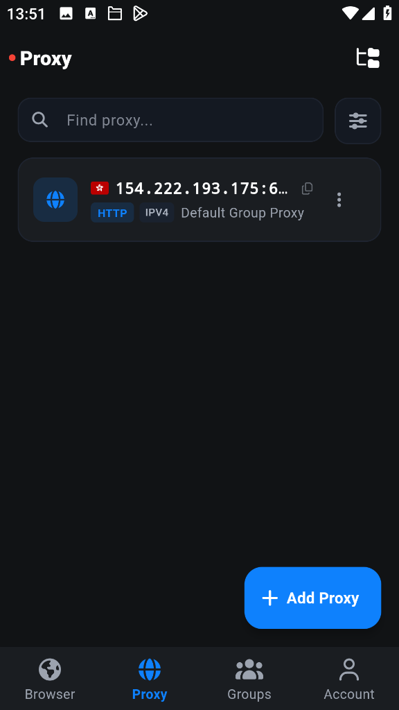 UCloak Proxy List Screen