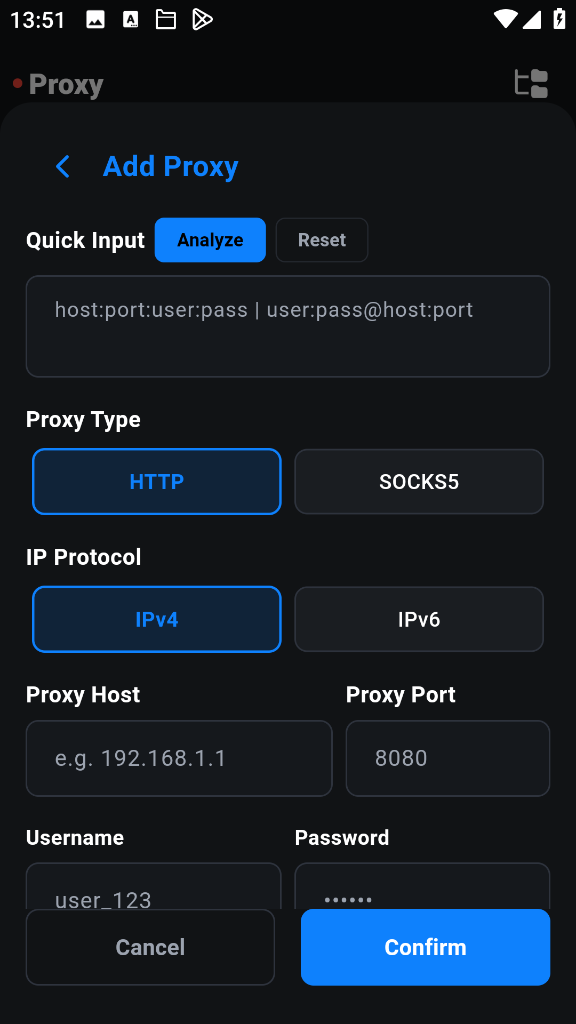 UCloak Add Proxy Screen